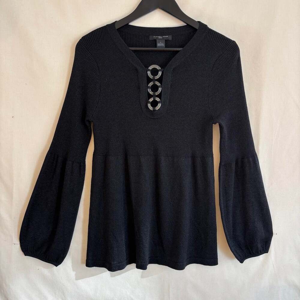 August Silk Black Shimmer Knit Peplum Balloon Sleeve Sweater - Size L